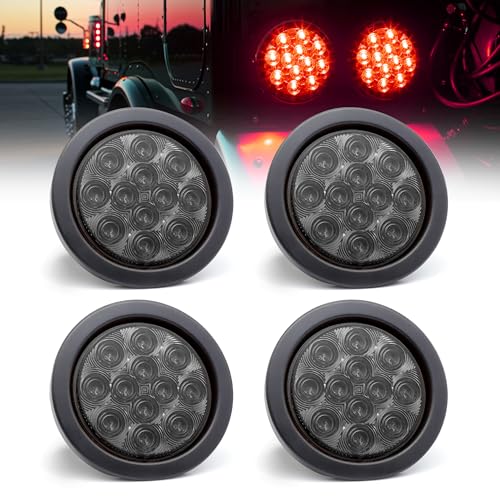 Meerkatt 4 Inch Smoked Lens Red Light Round 12 LED Brake Stop Tail Lights Plug & Rubber Surface Mount Truck Trailer RV Tow ATV Bus Van Pickup Car 12v DC Universal (Pack of 4) GA12 - color: Smoked/Red