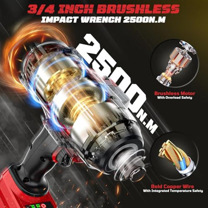 Cordless Impact Wrench 3/4 inch Compatible with Milwaukee Battery, Cerycose1850ft-lbs (2500N.m) Brushless Electric Impact Gun, High Torque Impact Driver, Bare Tool Only，Heavy-Duty Automotive - size: 3/4inch, style: 3/4inch Fit for Milwaukee(No battery)