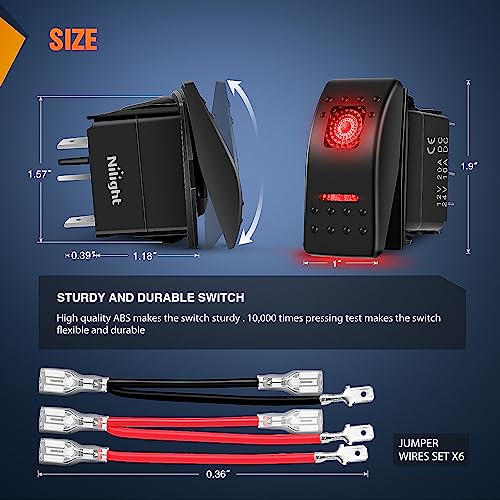 Nilight 3 Pack Rocker Switches 5 PIN with Night Glow DIY Stickers - color: Red 3 PCS