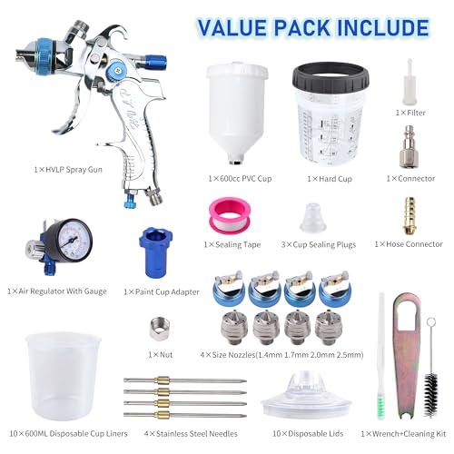 HVLP Spray Gun Kit, 4 Nozzles & 10 Disposable Paint Cups for Auto - color: BLUE