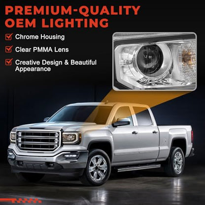 LH Xenon Headlight Assembly Compatible with GMC Sierra 1500 2016 2017 2018, HID Projector Headlamp with LED DRL & Chrome Housing - Replace GM2502453 84046790 84568272 (Left Driver Side, w/o D5S Bulb)