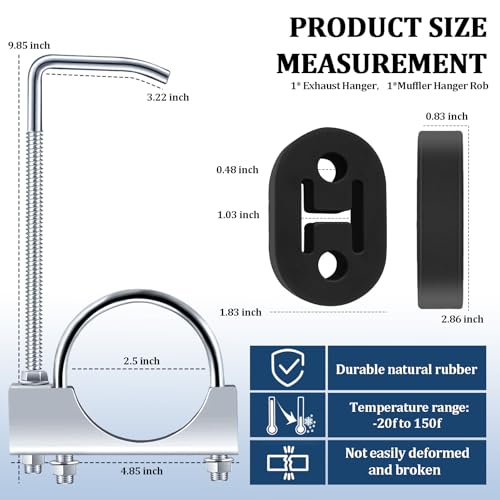 Car 2.5" Exhaust Clamp with Rod & Rubber Exhausts Hangers Kit,Exhaust Hanger Set for Fixing & Reducing Noise,Essential Car Accessories U Muffler Clamp for Exhausts System