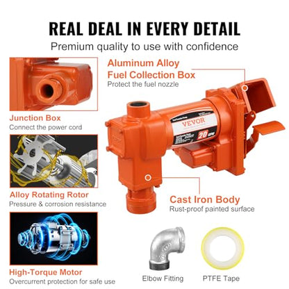 VEVOR Fuel Transfer Pump, 12V DC 20 GPM 1/4 HP, High Flow Cast Iron Gasoline Extractor Pump with Fuel Collection Box Design for Gasoline, Diesel, Kerosene, Ethanol & Methanol Blends, and Biodiesel - size: 12V 20GPM without Accessories