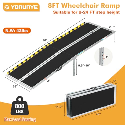 Portable Wheelchair Ramp 8ft, Anti-Slip Aluminum Alloy Barrier-Free Ramp with Thickened Support & Latch, Folding Handicap Ramps for Home Steps, Stairs, Doorways - size: 8ft