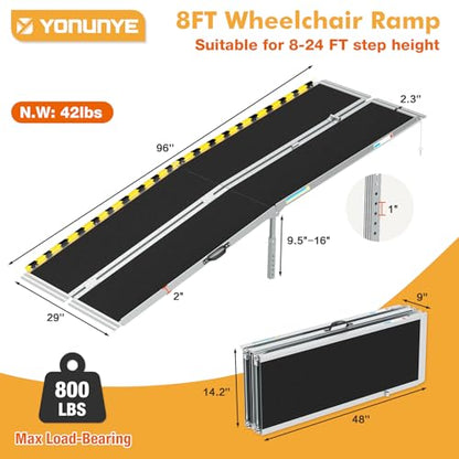 Portable Wheelchair Ramp 8ft, Anti-Slip Aluminum Alloy Barrier-Free Ramp with Thickened Support & Latch, Folding Handicap Ramps for Home Steps, Stairs, Doorways - size: 8ft