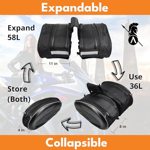 ENHANCED+ Motorcycle Saddlebags, 36L-58L Expandable Capacity, Motorcycle Panniers Universal, Waterproof, Detachable, Collapsible for Sport Dirt Bike Side Bags and Luggage