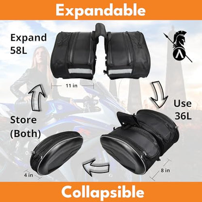 ENHANCED+ Motorcycle Saddlebags, 36L-58L Expandable Capacity, Motorcycle Panniers Universal, Waterproof, Detachable, Collapsible for Sport Dirt Bike Side Bags and Luggage