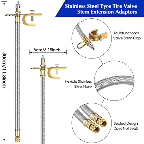 Hotop 4 Pieces Valve Stem Extension Stainless Steel Braided Extenders, 6 Pieces 45 90 135 Degree Brass Extenders for Cars Trucks Motorhome Trailer Rv Trailer Vehicle(12 Inch,Silver) - size: 12 Inch