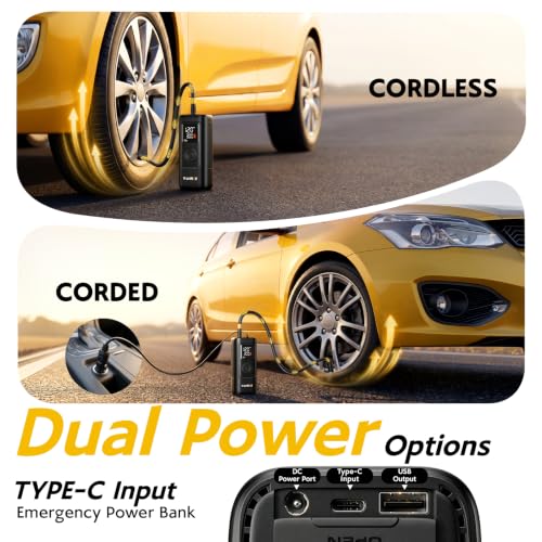 Smart Heavy Duty Tire Inflator, Auto Shut-Off at Target PSI, Portable Air Compressor, 160PSI Fast Air Pump Cordless Rechargeable & 12V DC Power, Pressure Gauge for Cars, Bikes, Motorcycles and Balls
