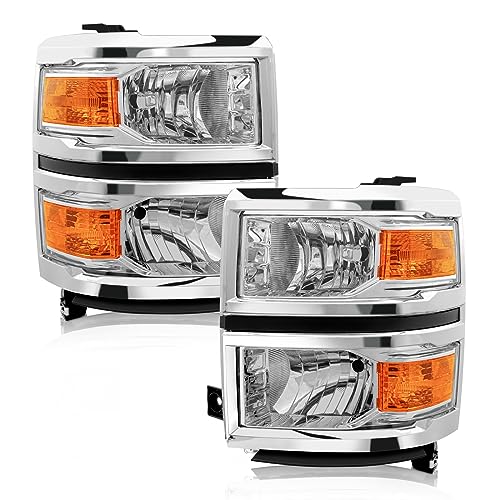 for 2014-2015 Chevy Silverado 1500 Pickup Headlights Pair - color: A-Chrome Housing Amber Reflector