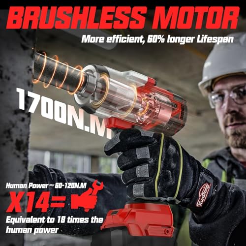 Cordless 1/2" Impact Wrench Compatibe with Milwaukee 18V Battery, 1250Ft-lbs(1700N.M) High Torque Impact Gun Heavy Duty, Brushless Electric Power Impact Driver with 4 Sockets&4 Speed Modes&LED Light - size: 1/2" 1700NM Compatibe with Milwaukee