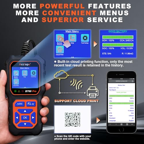 BT60 PRO 2–120Ah Battery Tester 6V/12V/24V 100–3000 CCA QR Report - color: Black-Orange
