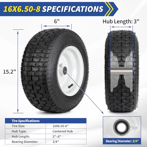 GICOOL 16x6.50-8 Riding Lawn Mower Rubber Tire and Wheel, 2 Pcs Replacement 16x6.5-8nhs Garden Tractor Lawnmower Tyre, Bearing Bore 3/4" & 5/8", 3"-4.5" Centered Hub - color: White Rim, size: 16x6.50-8 Tire with Rim