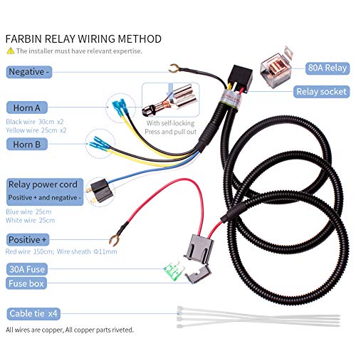 FARBIN 12V Car Horn Relay Wiring Harness Kit and Push Button with Wire - color: Wiring harness+red spot button, size: 12V