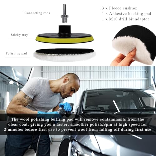Yourkar 3 Inch Wool Polishing Buffing Pad, Polishing Buffing Wheel Hook and Loop Compound Cutting with M10 Drill Adapter, Wool Polishing Pads for Drill Buffer Attachment - size: 3 Inch