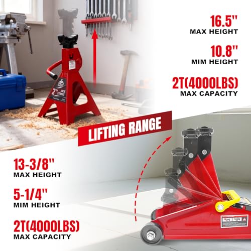 Jack Boss 2T Hydraulic Floor Jack Combo with Two Jack Stands, 4000 lbs Capacity Trolley Service Jack Combo Red - color: Red, size: 2 Ton