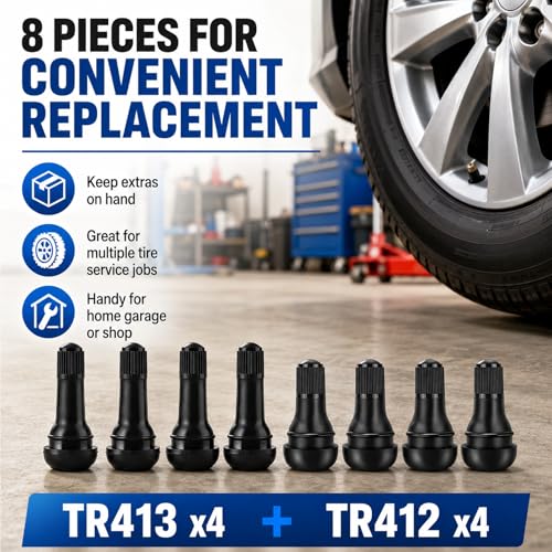 4PCS TR412 + 4PCS TR413 Tubeless Tire Valve Stems, Rubber Snap-in