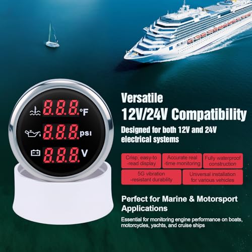 Triple Gauge Set 3in1,Water Temp (104°F-248°F), Oil Pressure (0-145PSI), Voltmeter (9-32V), AUTO Gauge with Digital Display Alarms for Cars Trucks Boats (Red) - color: Red