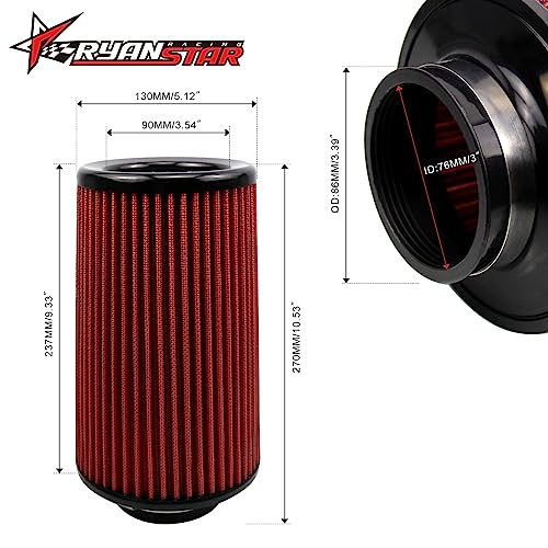 RYANSTAR Racing 3 Inch Cone Air Filter 76mm High Flow 270mm Tall - color: red, size: 3" Tall