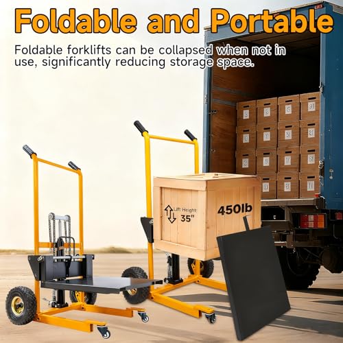 MMS Foldable Hydraulic Material Lift Winch Stacker, 450 Lbs 35.8" Max Lift w/ 9" Wheels 360° Swivel Casters, Pallet Truck Dolly, Fork Lift Table Cart, Pallet Jack, Removable Platform, Adjustable Forks