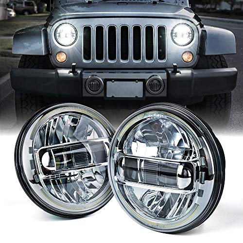 Xprite 7" LED Halo Headlight Compatible with 97-18 Jeep Wrangler JK, Chrome - color: Chrome
