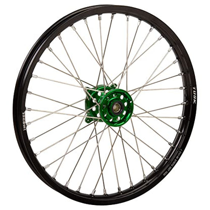 Tusk Impact Complete Wheel - Front 21 x 1.60 Black Rim/Silver Spoke/Green Hub Compatible with Kawasaki KX250 20004-2007,2019-2026/KX250F 2004-2018/KX450 2019-2025/KX450F 2009-2015