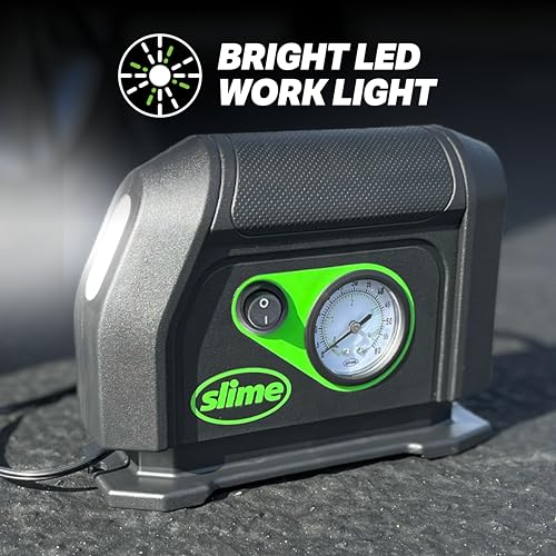 Slime 40050 Tire Inflator, Portable Car Air Compressor, with Analog 100 psi Dial Gauge, Long Hose and LED Light, 12V, 8 min Inflation - style: Analog Tire Inflator