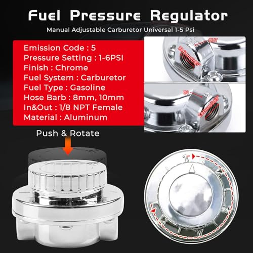 1-5 PSI Universal Fuel Pressure Regulator Adjustable Manual for Carburetor Carb Zinc Alloy with 5/16 3/8 Fittings