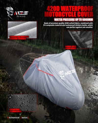 MZS Motorcycle Cover Waterproof Outdoor, Heavy Duty All Season Weather Protection with Cotton Lining Vents Night Reflective Lock Holes Storage Bag fits up to 96" Motorcycle Powersports Vehicle Cover - size: X-Large 96 inches