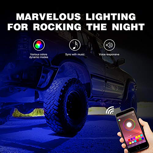 Nilight RGB LED Rock Lights Kit, 4 pods Underglow Multicolor Neon Light Pod with Bluetooth App Control Flashing Music Mode Wheel Well Light for Truck ATV UTV RZR SUV - color: RGB 3LED, size: 4 Pods