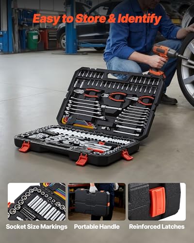 VEVOR Mechanics Tool Set, 314-Piece Mechanic Tool Kit, 1/4 in, 3/8 in, and 1/2 in Drive, Metric Socket Set, Wrenches, Screwdriver Bits, Accessories, and Storage Case, for Automotive and Home Repair - size: 314-PCS