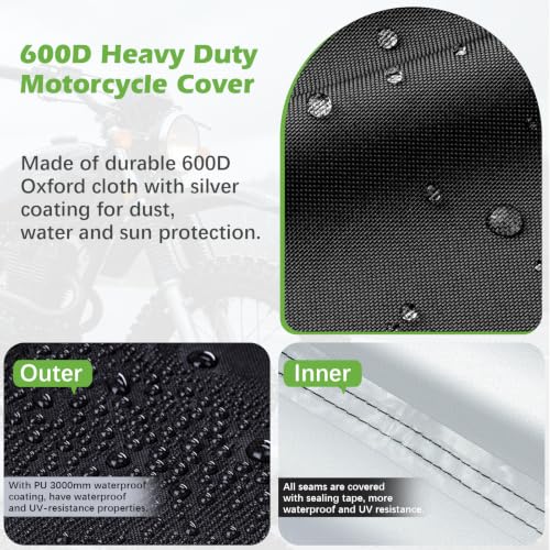 KALINCO Motorcycle Cover, 600D Waterproof Outdoor Motorcycle Cover, All Weather Rain Sun Snow Protection with Lock-Holes Motorcycle Tarp with Night Reflective Strips ＆ Storage Bag - size: XXXL