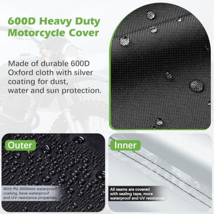 KALINCO Motorcycle Cover, 600D Waterproof Outdoor Motorcycle Cover, All Weather Rain Sun Snow Protection with Lock-Holes Motorcycle Tarp with Night Reflective Strips ＆ Storage Bag - size: XXXL