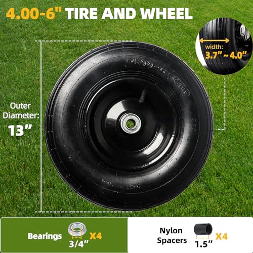 AR-PRO (2팩) 10.2-15.2cm(4-6인치) 타이어 및 휠, 수레용 33cm(13인치) 공압 타이어 및 림, 1.6cm(5/8인치) 추가 1.9cm(3/4인치) 베어링 및 4.4cm(1.75인치) 중앙 허브, 대부분의 정원 카트 핸드 트럭에 적합 (추가 나일론 스페이서) - color: 자전거., size: 13 x 4.00-6