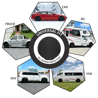 4-Pack RV Tire Covers, Waterproof & UV Resistant Wheel Covers with Windproof Hooks for Trailer, Camper, Truck, SUV & More - Fits Tire‘s Total Diameter 27’’- 29’’/73cm - (Black-S) - size: S-Total Tire Diameter: 27"-29", style: Black