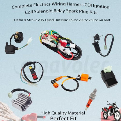 Set of 8 Complete Wiring Harness CDI Ignition Coil Solenoid Relay Spark Plug Kits Replacement Parts Fit for Most 150CC 200CC 250CC Chinese Made ATV Go Kart Quad 4 Wheeler Dirt Pit Bikes.