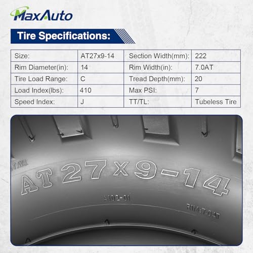 ‌MaxAuto UTV/ATV Tire Set - 4-Pack (2x27x9-14 Front & 2x27x11-14 Rear) - All-Terrain Off-Road Performance, 6-Ply Tubeless Construction, Enhanced Traction & Durability for Side-by-Side Vehicles - size: 27x9-14 Front & 27x11-14 Rear