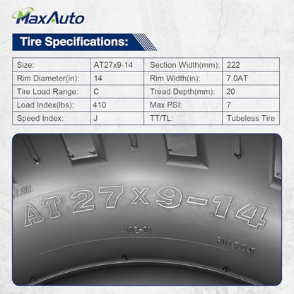 ‌MaxAuto UTV/ATV Tire Set - 4-Pack (2x27x9-14 Front & 2x27x11-14 Rear) - All-Terrain Off-Road Performance, 6-Ply Tubeless Construction, Enhanced Traction & Durability for Side-by-Side Vehicles - size: 27x9-14 Front & 27x11-14 Rear