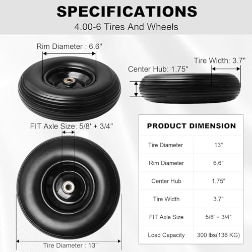 Storystore 13" Wheelbarrow Tires, 4-Pack 4.00-6 Flat Free Tire And Wheel with 5/8" or 3/4" Bearings, 1.75" Centered Hub for Hand Trucks, Wheelbarrows, Dolly, Wagon, Trailer - size: 13" (4 Pack)