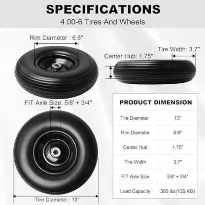 Storystore 13" Wheelbarrow Tires, 4-Pack 4.00-6 Flat Free Tire And Wheel with 5/8" or 3/4" Bearings, 1.75" Centered Hub for Hand Trucks, Wheelbarrows, Dolly, Wagon, Trailer - size: 13" (4 Pack)