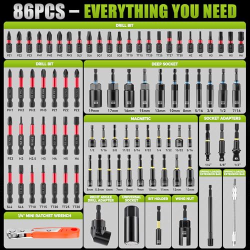 KOOPOOL 86 PCS Impact Driver Socket Set, Magnetic Nut Driver Set for Drill - color: 86pcs Assorted