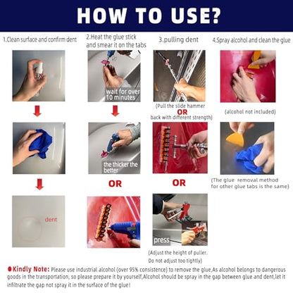 Auto Body Dent Puller Kit for Dent Removal with Red Dent Lifter,T-Bar,Slide Hammer,Bridge Puller and More for Paintless Dent Removal Kit (104pcs-with dent Light)