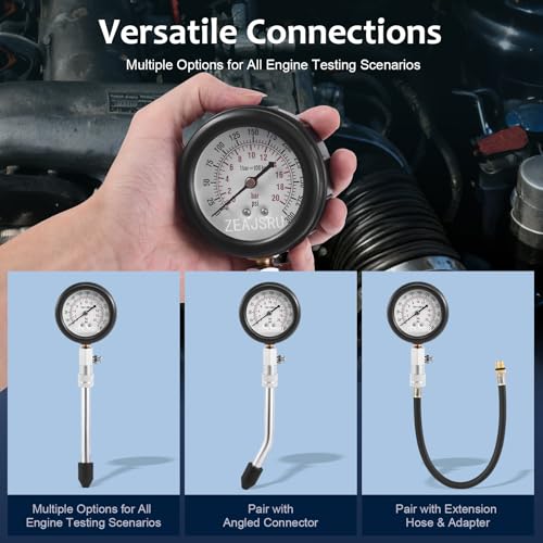 Engine Compression Tester Kit 8PCS, 0-300 PSI Cylinder Pressure Test Tool for Gasoline Engines on Cars, Motorcycles, ATVs & Small Engines with Dual Scale Gauge and Adapters (Black-8PC)