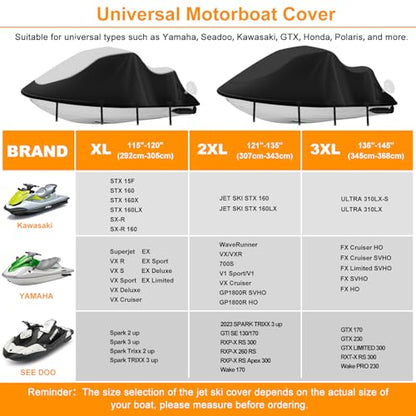 Jetski Cover 900D Waterproof for Yamaha Kawasaki,21IN-135IN 3 Seater PWC - color: Black-900-D, size: 2XL-121"-135"