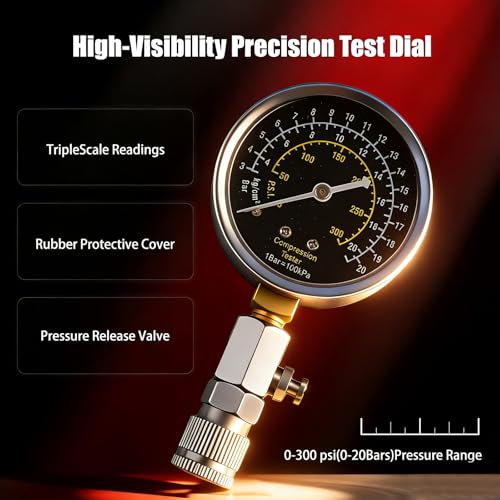 Professional 11-Piece 0-300 Psi Engine Compression Tester Kit with Spark Plug Tester, Adapters & Quick-Release Valve for Gasoline Car, Truck, Motorcycle, Lawn Mower