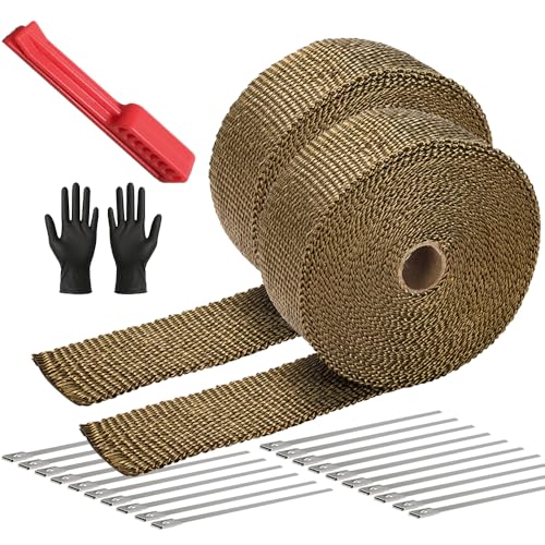 Exhaust Heat Wrap Roll 2" x 50' Titanium Fiberglass Heat Shield Tape 2 Rolls 5cm x 15m with 20pcs Stainless Ties and A Measure Tool for Motorcycle Car Truck - style: Titanium50' /2roll