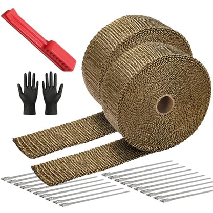 Exhaust Heat Wrap Roll 2" x 50' Titanium Fiberglass Heat Shield Tape 2 Rolls 5cm x 15m with 20pcs Stainless Ties and A Measure Tool for Motorcycle Car Truck - style: Titanium50' /2roll