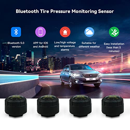 Tire Pressure Monitoring System with 4 External Sensors TPMS Real-time Display with Alarm Modes Bluetooth 5.0 Support iOS and Android, 4 Extra Coin battary Gift