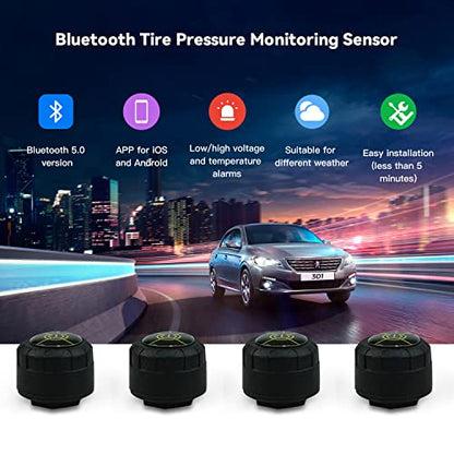 Tire Pressure Monitoring System with 4 External Sensors TPMS Real-time Display with Alarm Modes Bluetooth 5.0 Support iOS and Android, 4 Extra Coin battary Gift