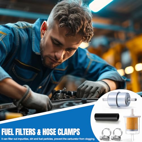 Tallew 2 Sets Universal In-line Fuel Filter Kit with 3/8" Clamp-on Inlet Outlet, Fuel Line Hose, Hose Clamps, Metal and Clear Filter Max Pressure 60 Psi for Lawn Mower, Tractor, Small Engine